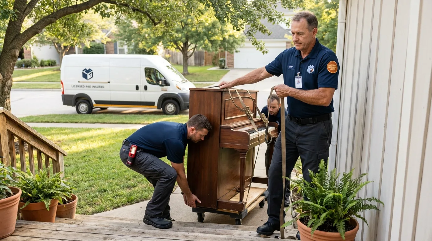 Licensed piano movers securing grand piano in Sutherlin, OR