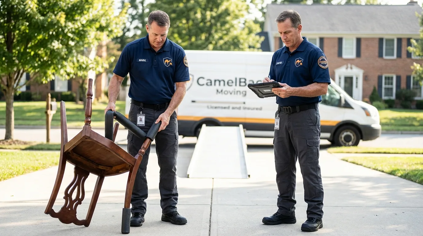 Movers inspecting furniture for damage prevention before loading in Sutherlin, OR