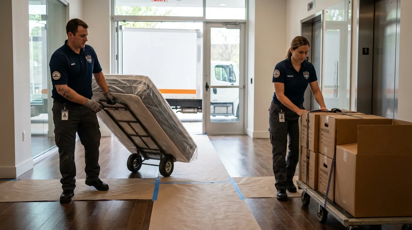 Professional apartment movers loading elevator in Sutherlin, OR