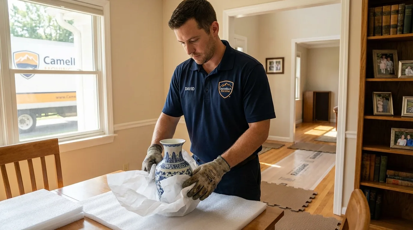 Professional crew carefully wrapping antique vase for senior downsizing move in Sutherlin, OR